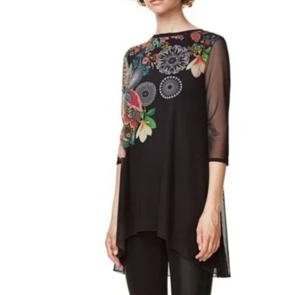 NWT DESIGUAL Floral Tunic Top Black Mesh Sz L Tall US Embellished Boho Artsy - Picture 2 of 13